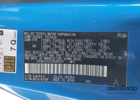 2007 Toyota Fj Cruiser z USA, uszkodzony, nr VIN JTEBU11F670040529